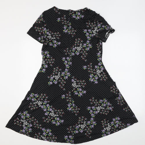 M&Co Womens Black Polka Dot Viscose A-Line Size 14 Round Neck Pullover - Floral