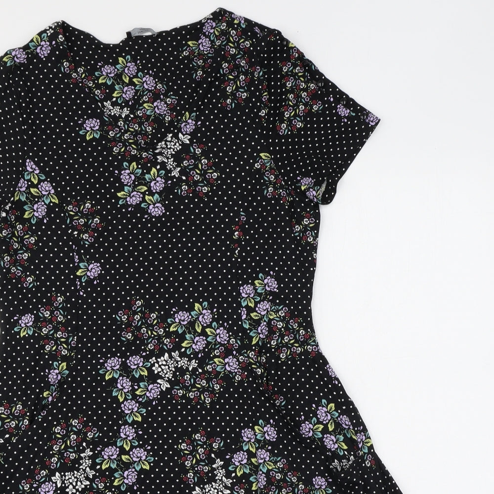 M&Co Womens Black Polka Dot Viscose A-Line Size 14 Round Neck Pullover - Floral