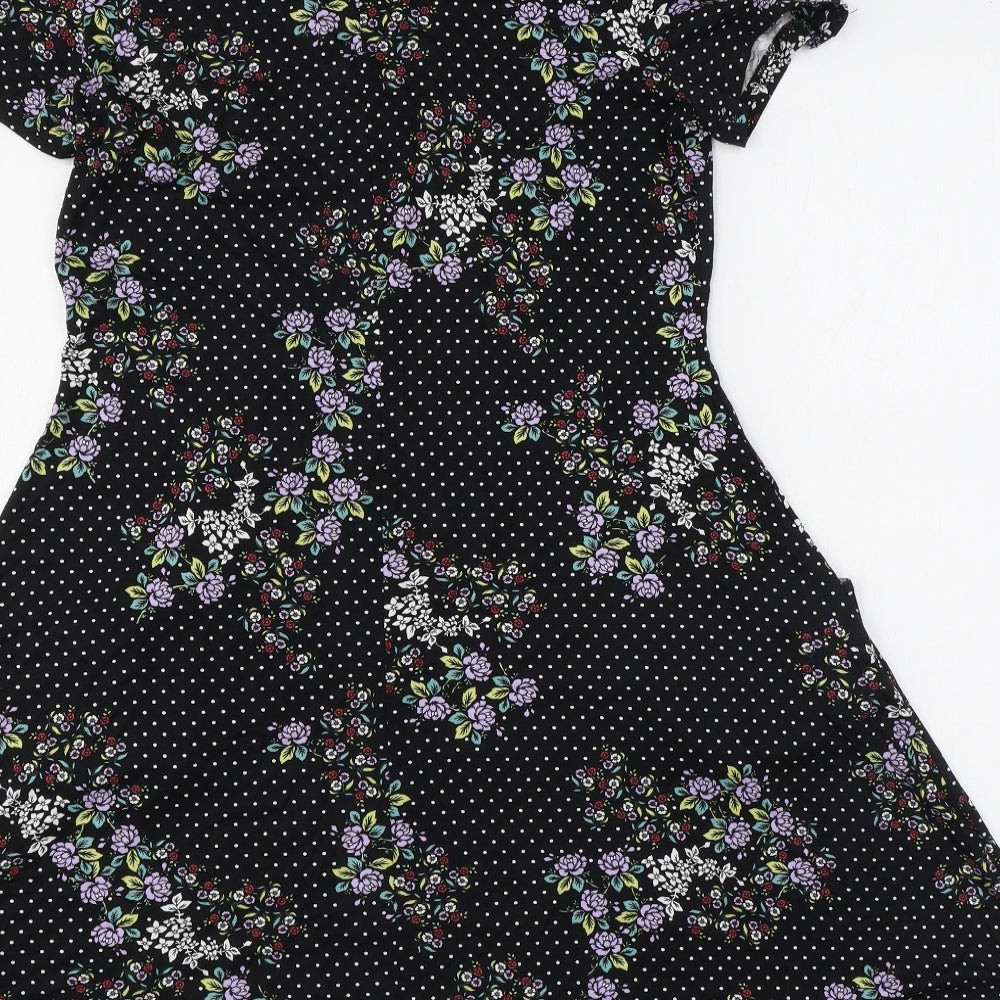 M&Co Womens Black Polka Dot Viscose A-Line Size 14 Round Neck Pullover - Floral