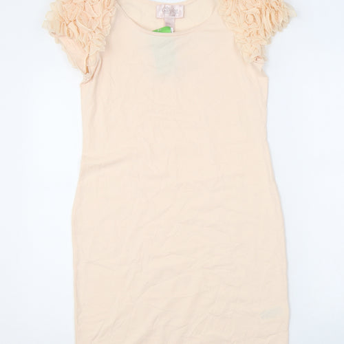 H&M Womens Pink Cotton Bodycon Size M Scoop Neck Pullover - Floral Sleeves