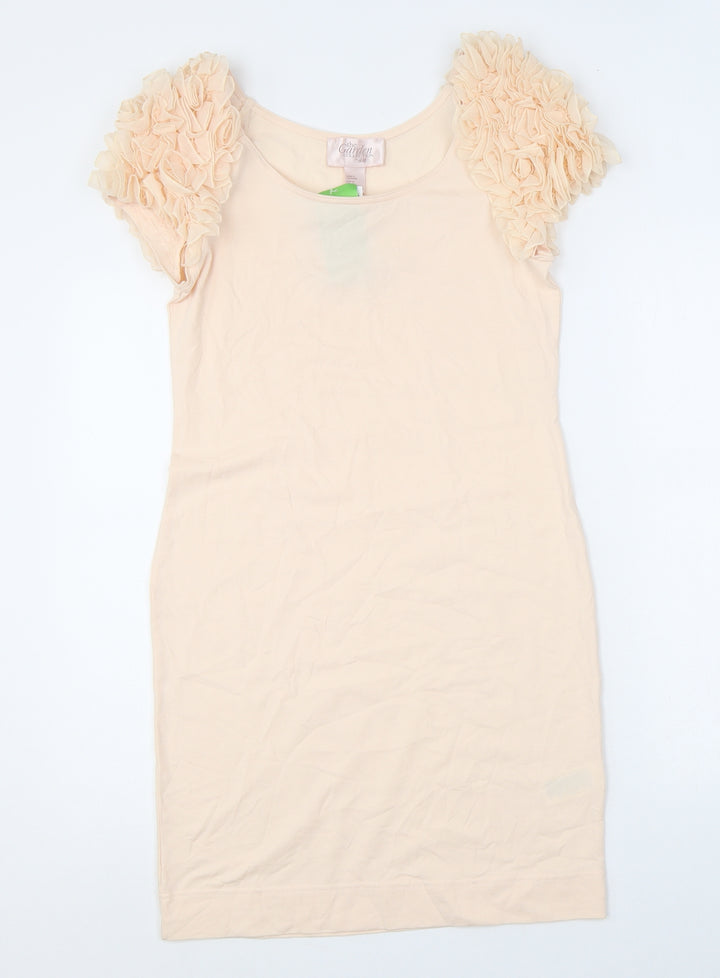H&M Womens Pink Cotton Bodycon Size M Scoop Neck Pullover - Floral Sleeves
