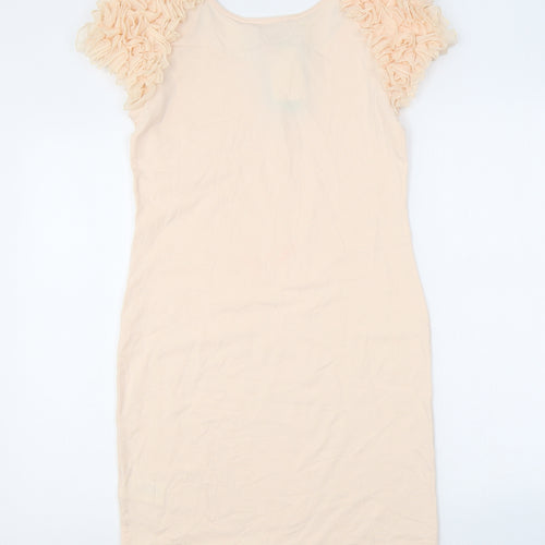 H&M Womens Pink Cotton Bodycon Size M Scoop Neck Pullover - Floral Sleeves