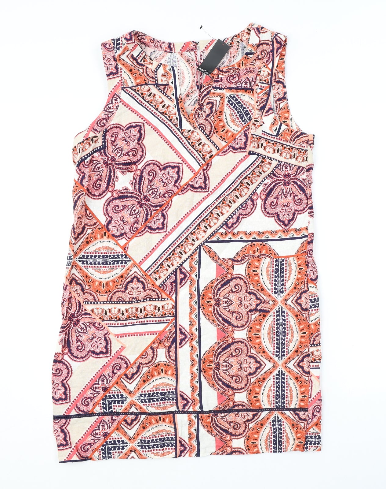 M&Co Womens Orange Geometric Linen Mini Size 14 Round Neck Button