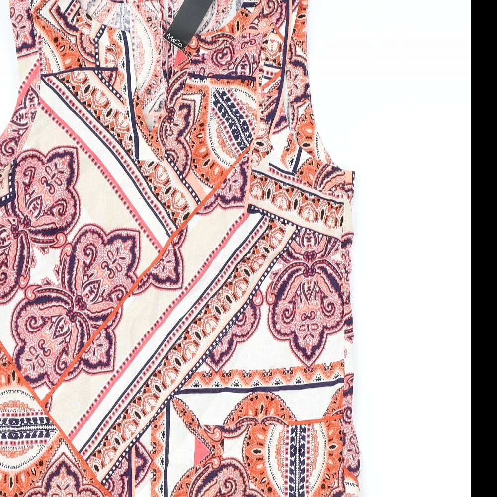 M&Co Womens Orange Geometric Linen Mini Size 14 Round Neck Button