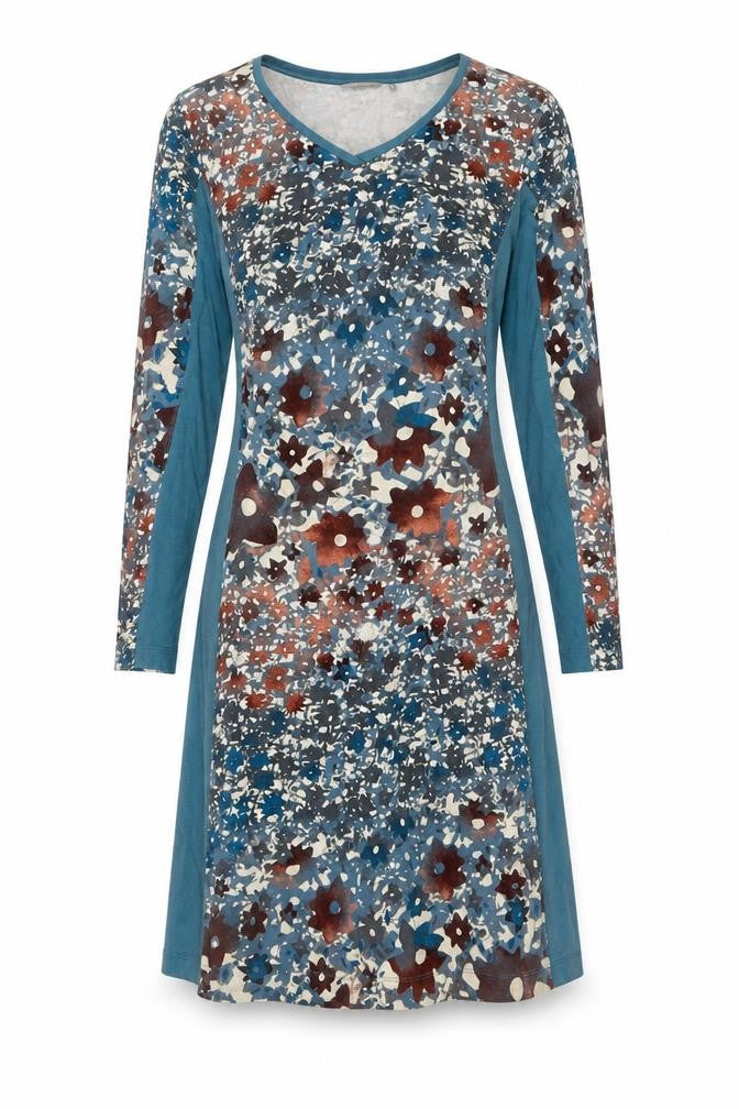 Front view of Sandwich women’s blue floral viscose a-line, size M, v-neck pullover