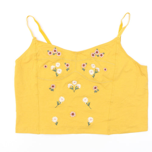 New Look Womens Yellow Cotton Cropped Tank Size 18 V-Neck - Flower Detail
