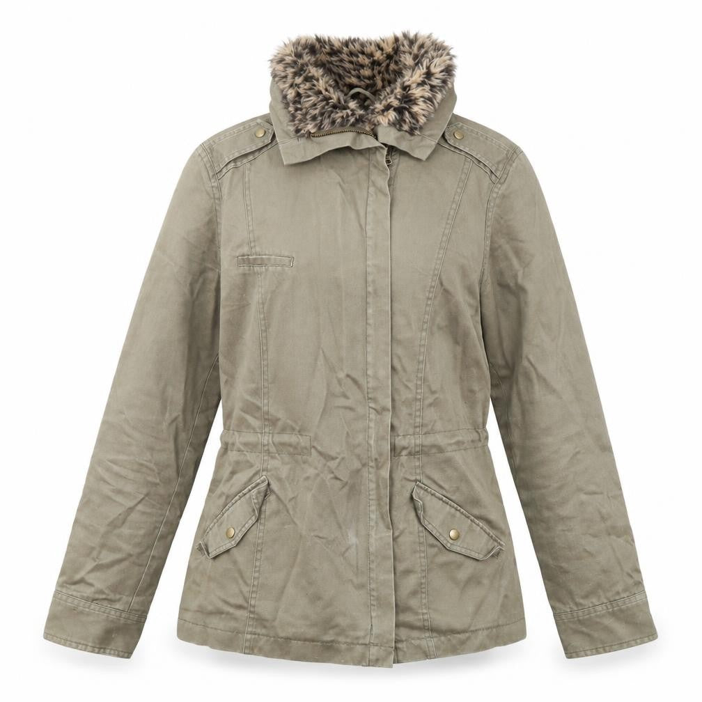 Front view of Oasis women’s green jacket, size S, zip
