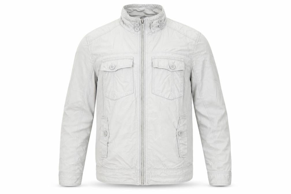 Front view of BHS men’s grey jacket coat, size M, zip