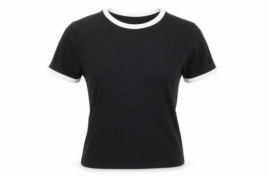 Front view of ASOS women’s black cotton basic t-shirt, size UK 4, round neck