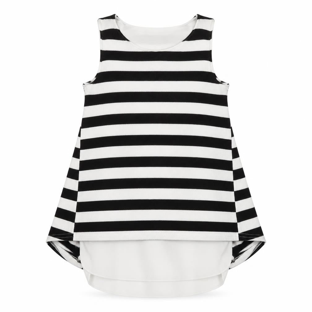 Front view of QED London women’s black striped polyester basic tank, size UK 10, round neck