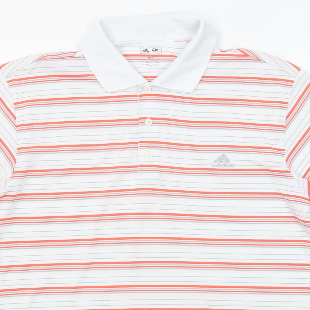adidas Mens White Striped Polyester Polo Size M Collared Button