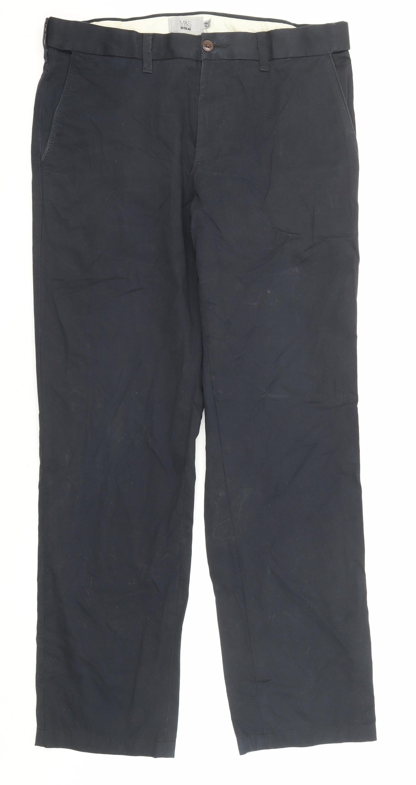 Marks and Spencer Mens Blue Cotton Trousers Size 34 in L31 in Regular Zip
