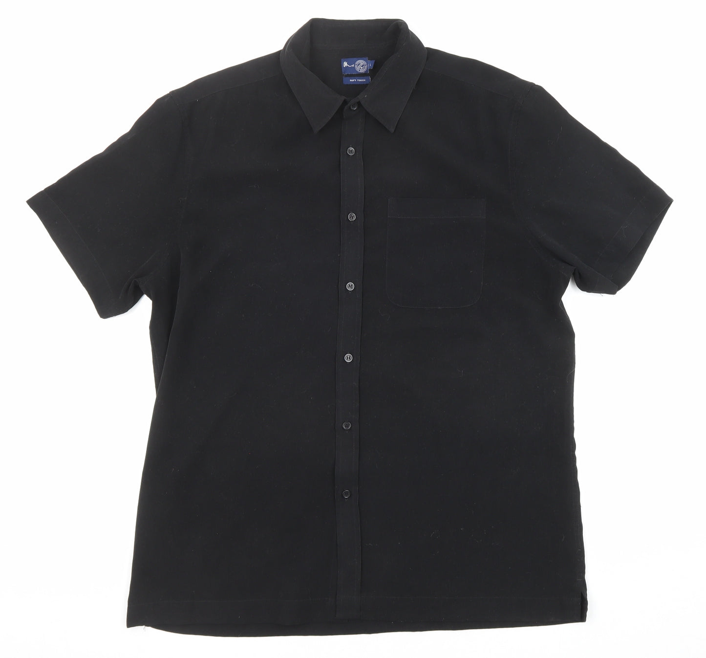 BHS Mens Black Polyester Button-Up Size L Collared Button
