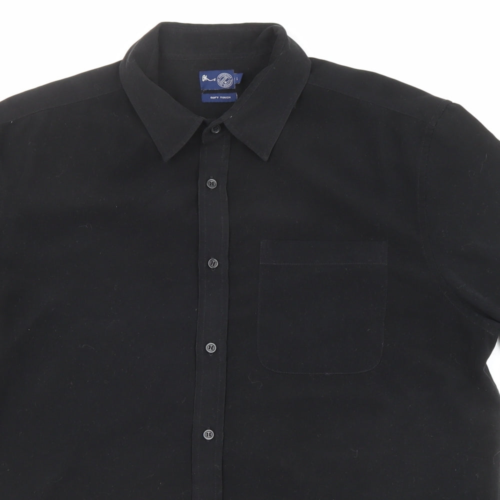 BHS Mens Black Polyester Button-Up Size L Collared Button