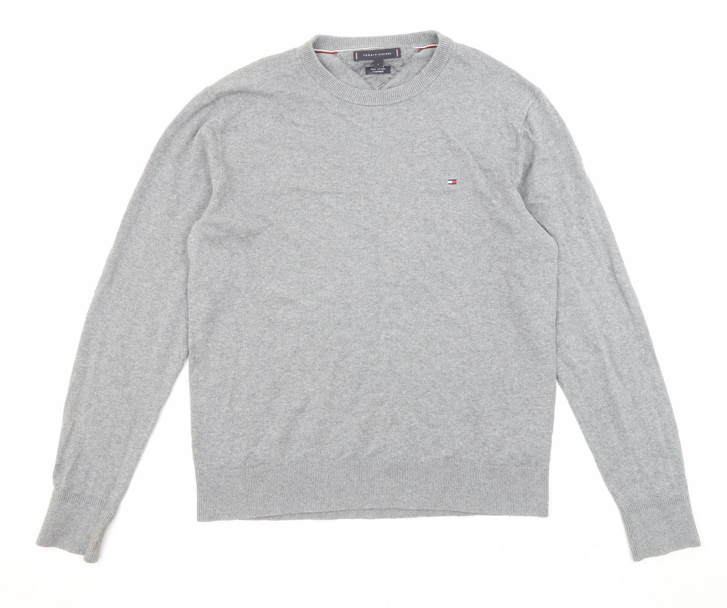 Tommy Hilfiger Mens Grey Round Neck Cotton Pullover Jumper Size L Long Sleeve