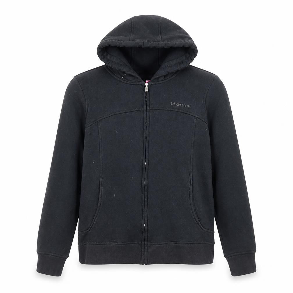 Front view of LA Gear women’s black polyester full zip hoodie, size UK 10, zip