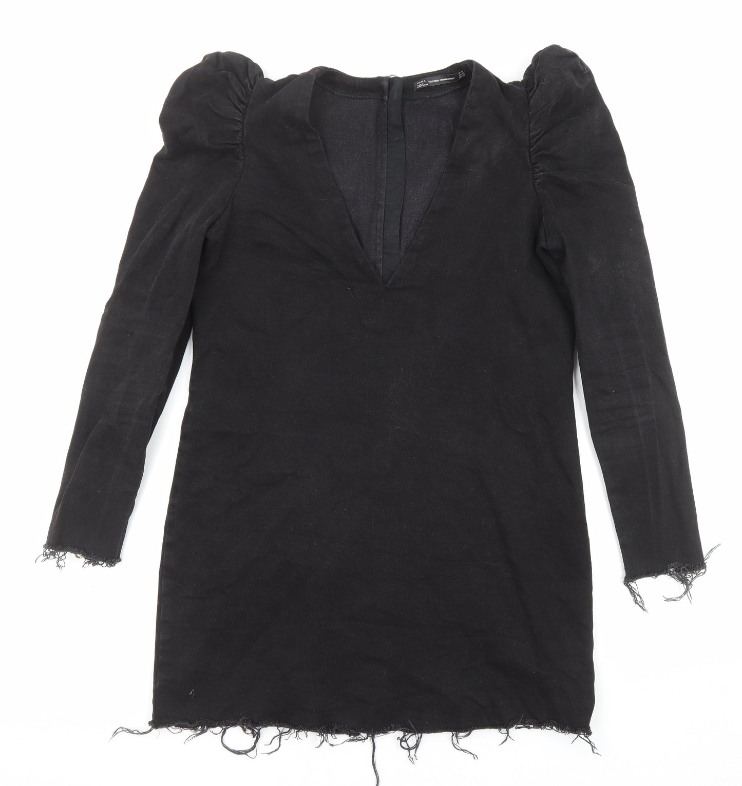 Zara Womens Black Cotton A-Line Size M V-Neck Zip