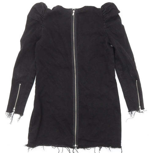 Zara Womens Black Cotton A-Line Size M V-Neck Zip
