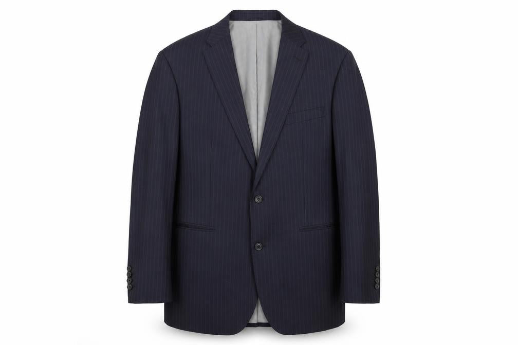 Front view of Samuel Windsor men’s blue striped wool jacket suit jacket, size 42, regular