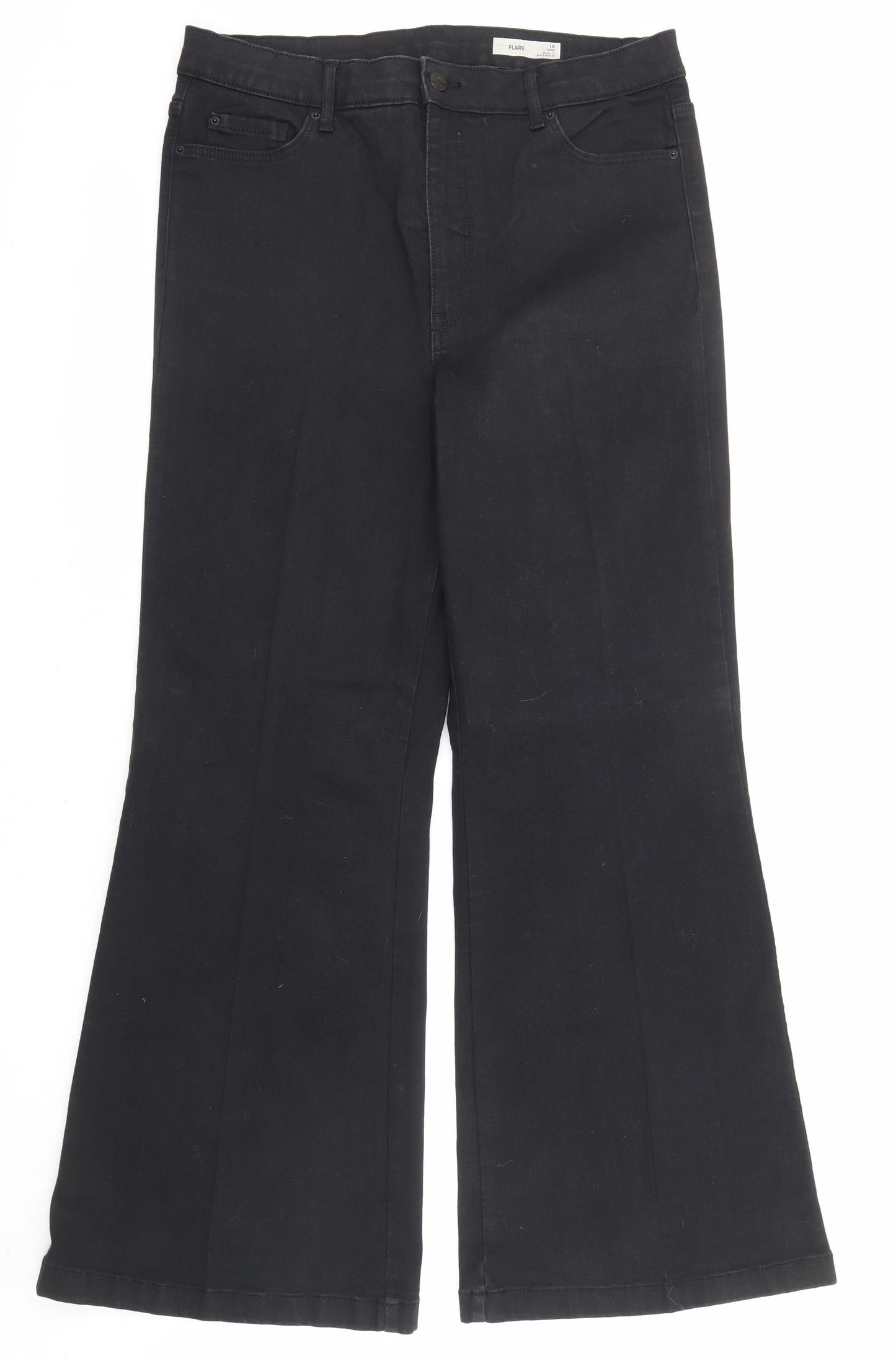 Marks and Spencer Womens Black Cotton Wide-Leg Jeans Size 16 L31 in Regular Zip