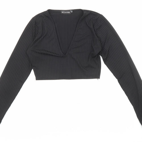 PRETTYLITTLETHING Womens Black Polyester Cropped Blouse Size 4 V-Neck