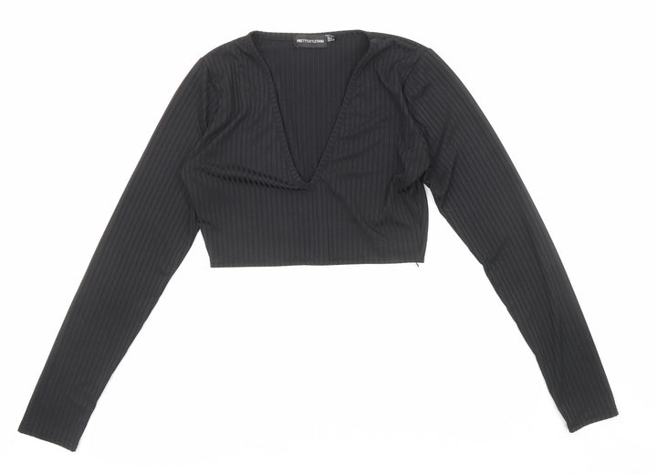 PRETTYLITTLETHING Womens Black Polyester Cropped Blouse Size 4 V-Neck