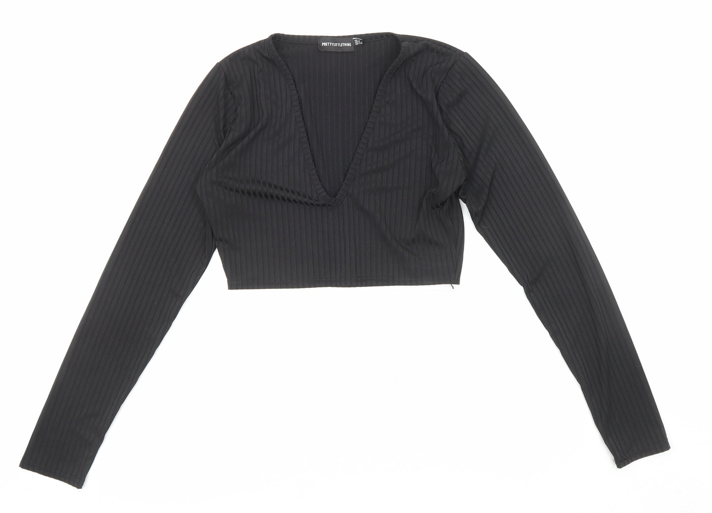PRETTYLITTLETHING Womens Black Polyester Cropped Blouse Size 4 V-Neck