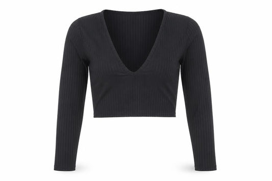 Front view of PRETTYLITTLETHING women’s black polyester cropped blouse, size UK 4, v-neck
