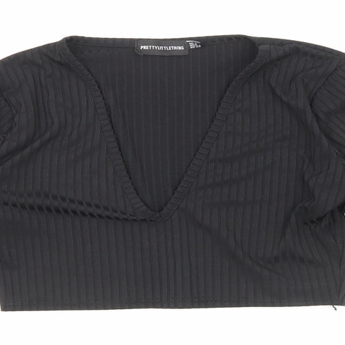 PRETTYLITTLETHING Womens Black Polyester Cropped Blouse Size 4 V-Neck