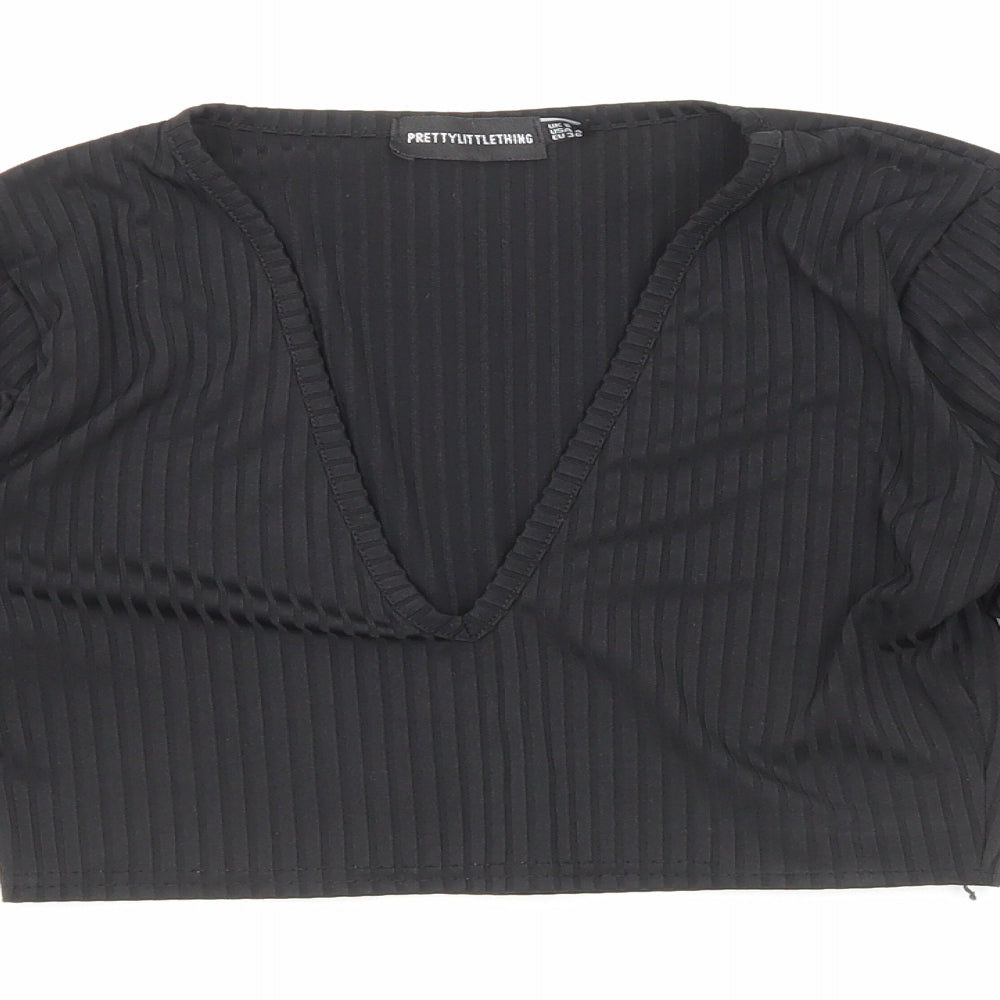 PRETTYLITTLETHING Womens Black Polyester Cropped Blouse Size 4 V-Neck