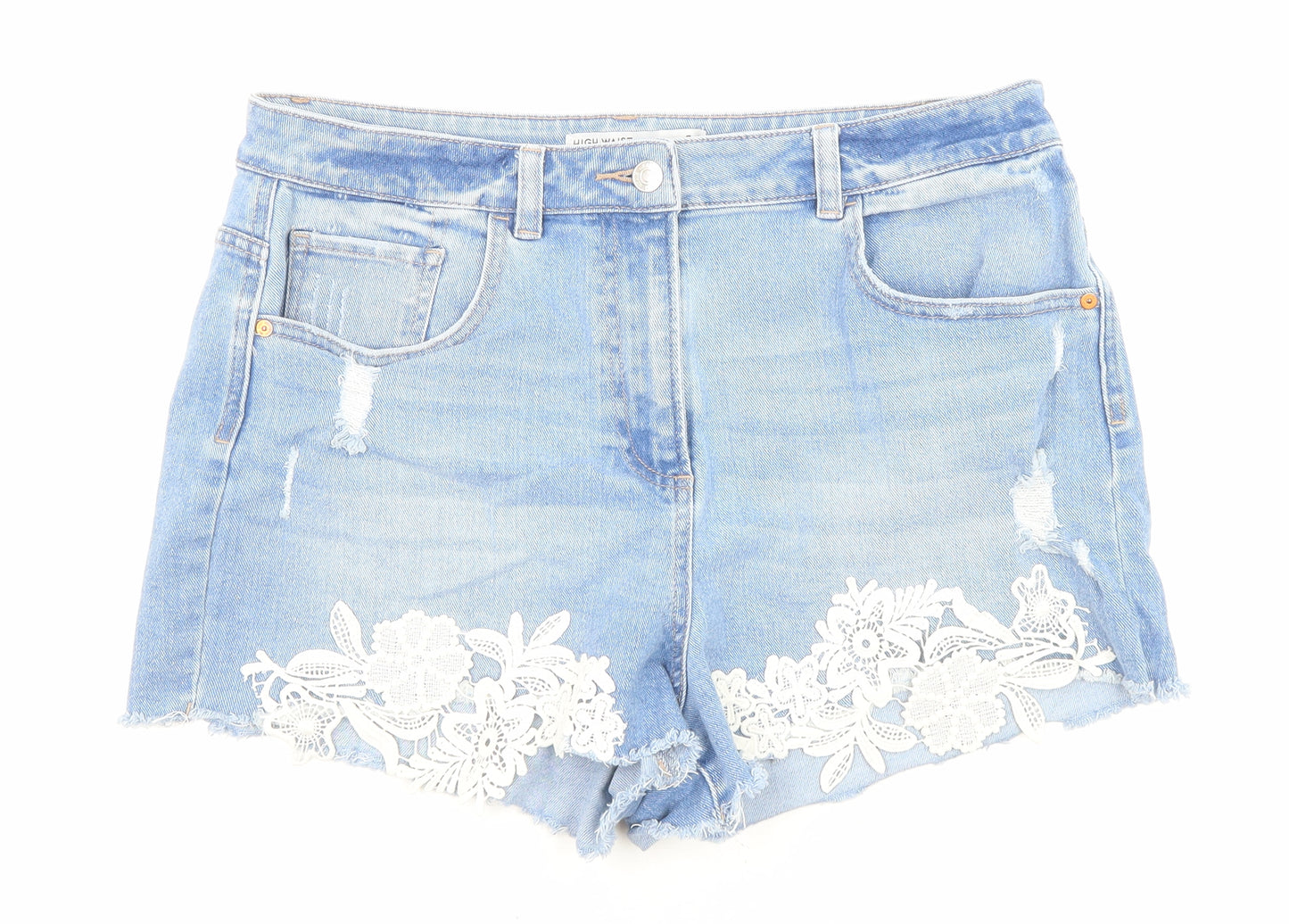 NEXT Womens Blue Cotton Cut-Off Shorts Size 14 Regular Zip - Distressed