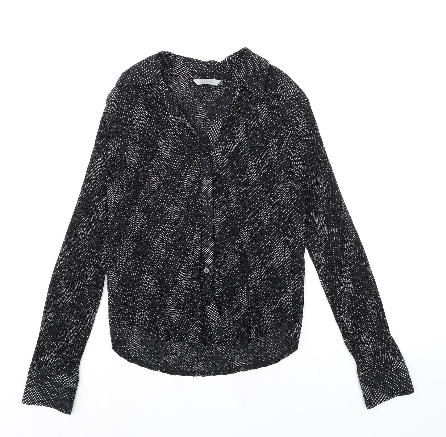 Marks and Spencer Womens Black Geometric Polyester Basic Button-Up Size 12 Collared
