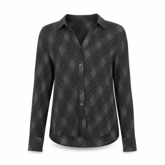 Front view of Marks & Spencer women’s black geometric polyester basic button-up, size UK 12, collared
