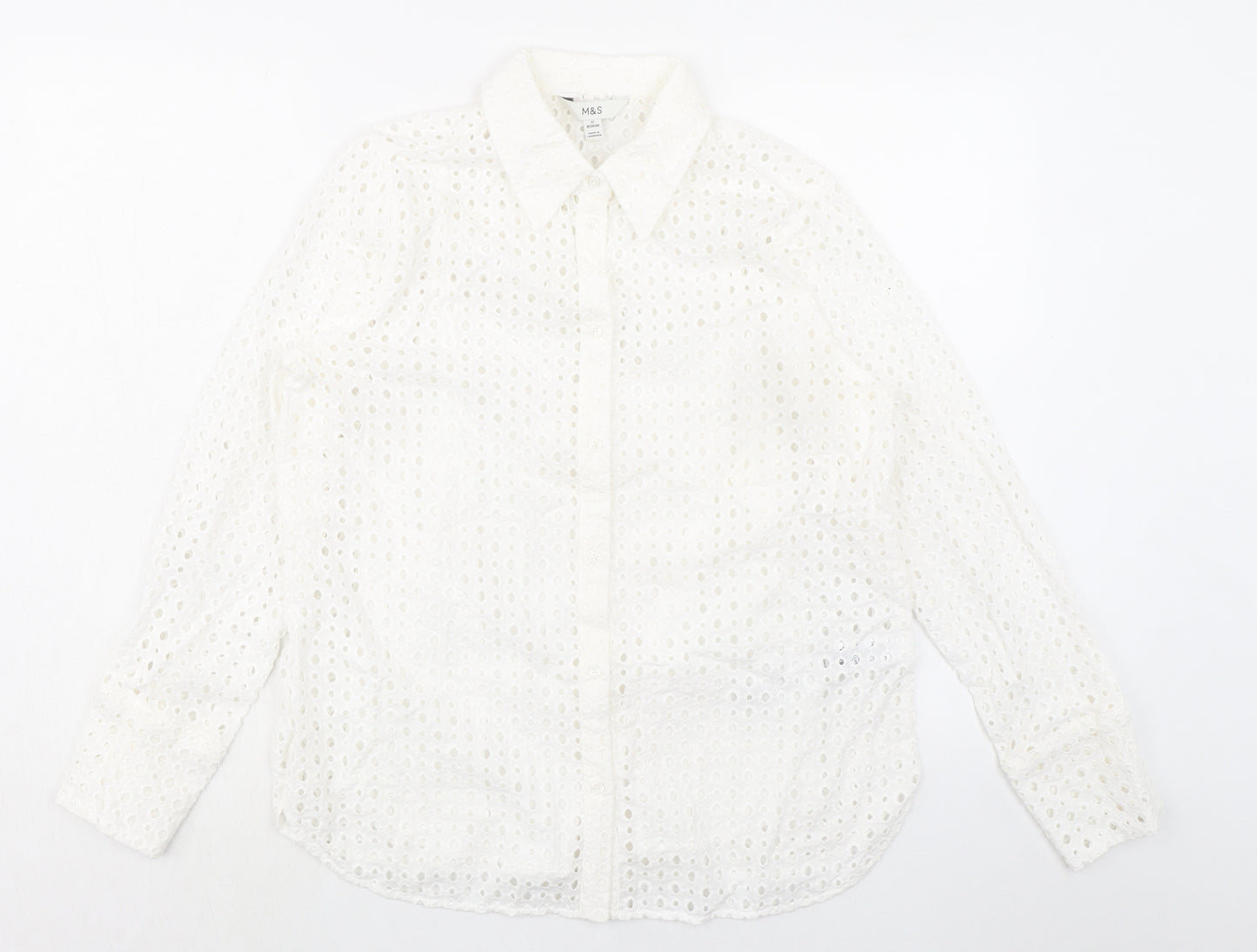 Marks and Spencer Womens White 100% Cotton Basic Button-Up Size 12 Collared