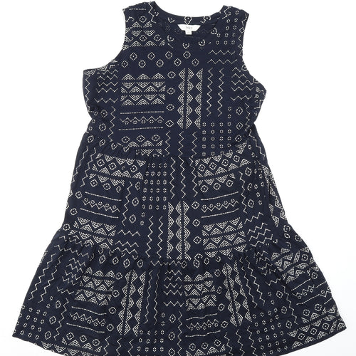 Marks and Spencer Womens Blue Geometric 100% Cotton A-Line Size 12 Round Neck Pullover