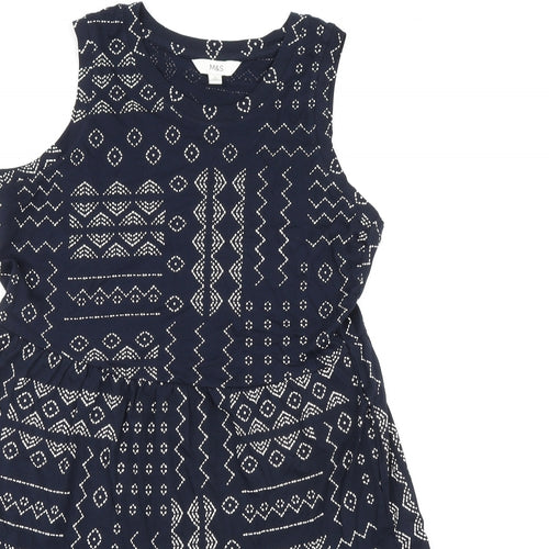 Marks and Spencer Womens Blue Geometric 100% Cotton A-Line Size 12 Round Neck Pullover