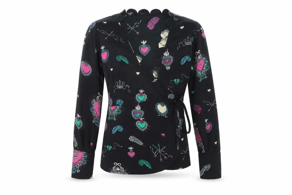 Front view of STARDUST women’s black geometric viscose wrap blouse, size XS, v-neck