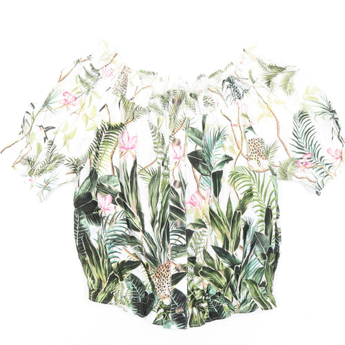 H&M Womens Multicoloured Floral Viscose Cropped Blouse Size 8 Boat Neck