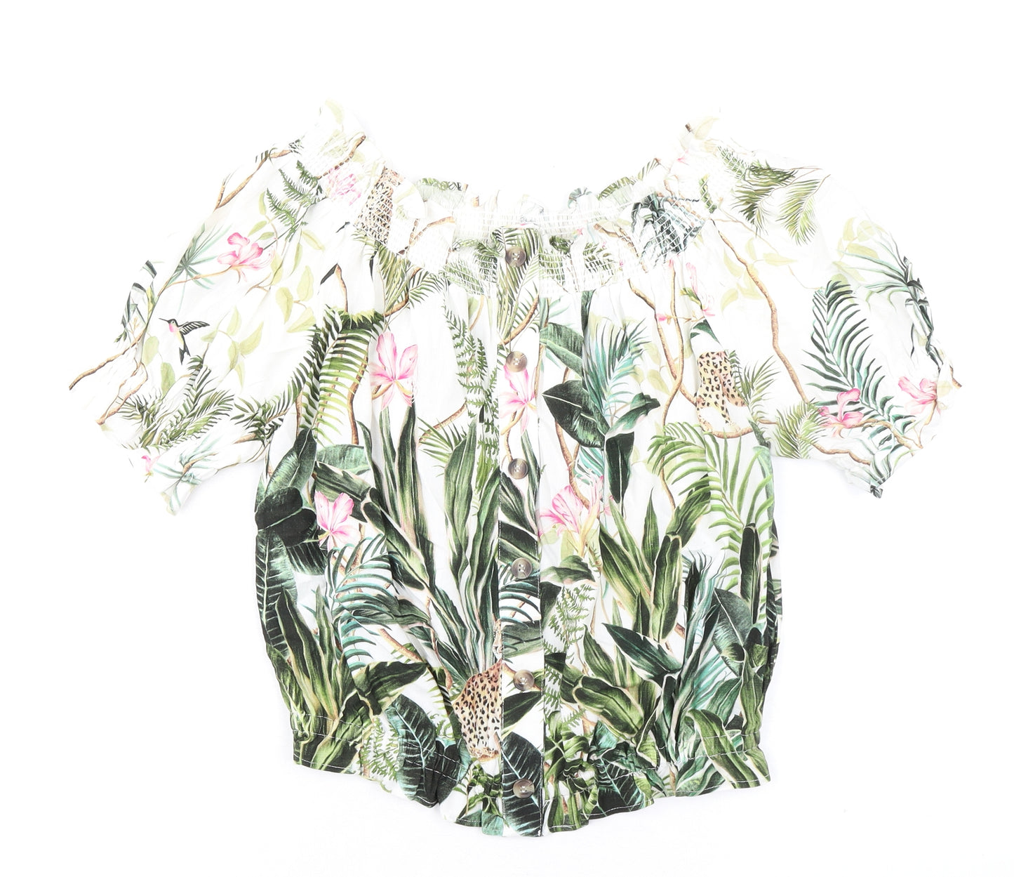 H&M Womens Multicoloured Floral Viscose Cropped Blouse Size 8 Boat Neck