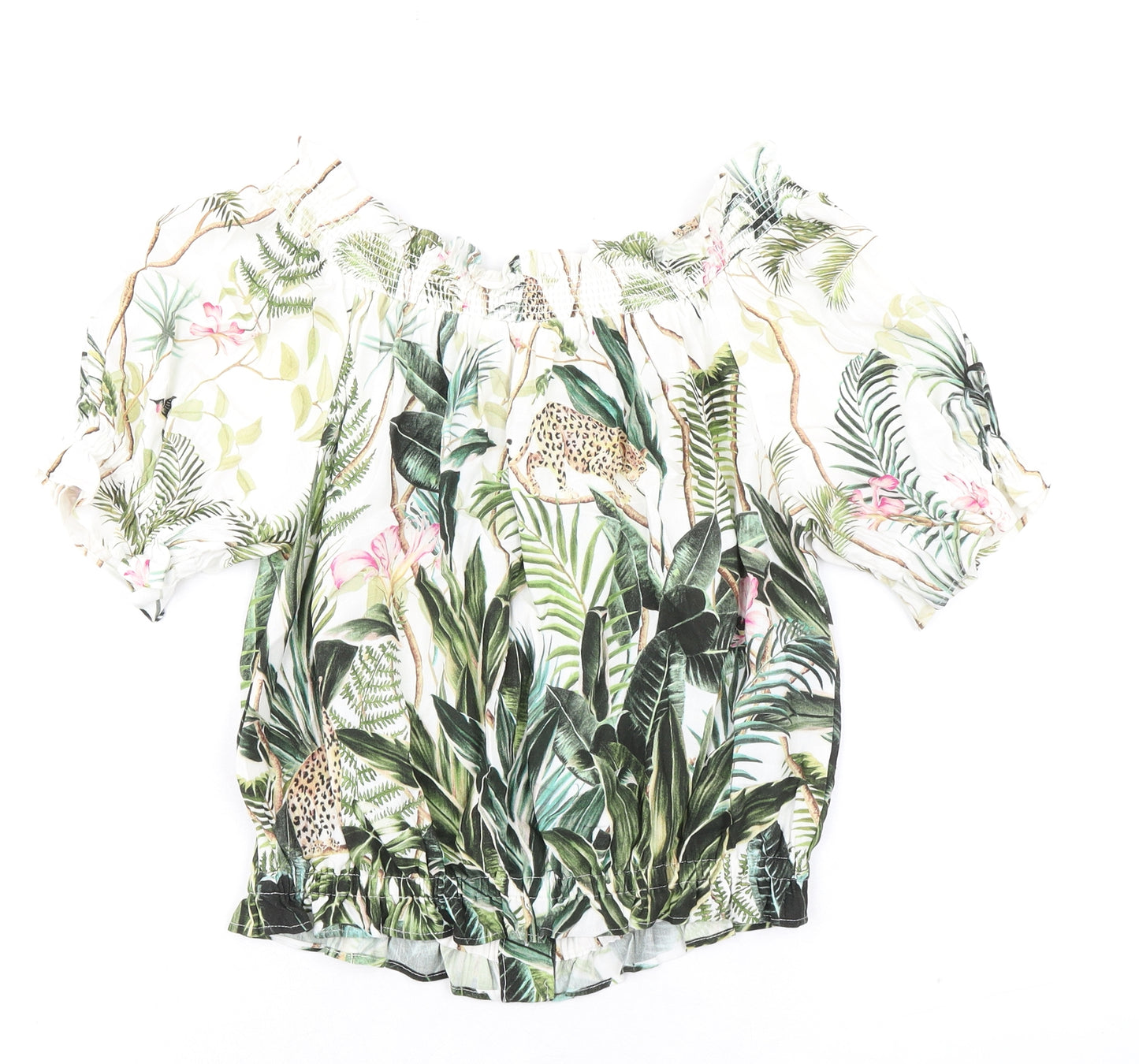 H&M Womens Multicoloured Floral Viscose Cropped Blouse Size 8 Boat Neck