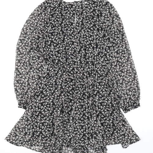 Zara Womens Black Floral Polyester A-Line Size S Round Neck Button