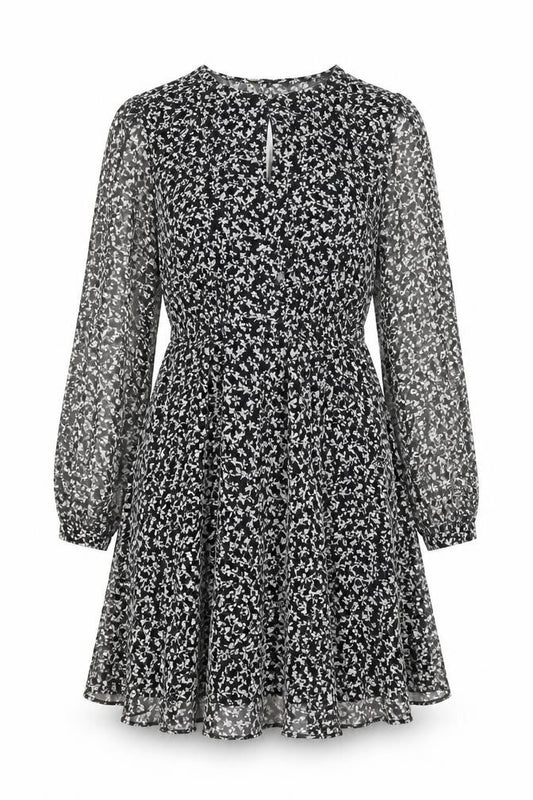 Front view of Zara women’s black floral polyester a-line, size S, round neck button