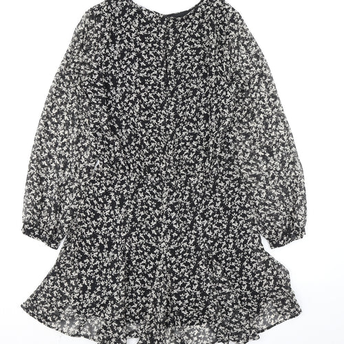 Zara Womens Black Floral Polyester A-Line Size S Round Neck Button