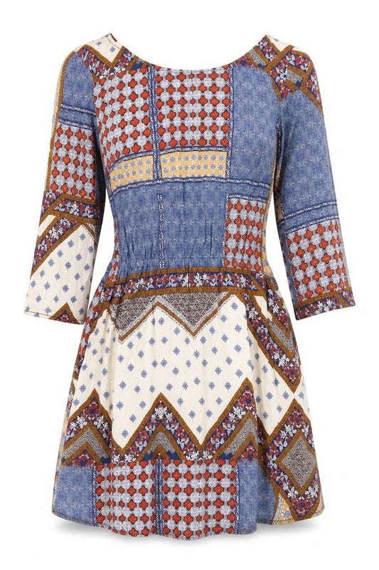Front view of Divided by H&M women’s multicoloured geometric viscose a-line, size UK 6, boat neck pullover
