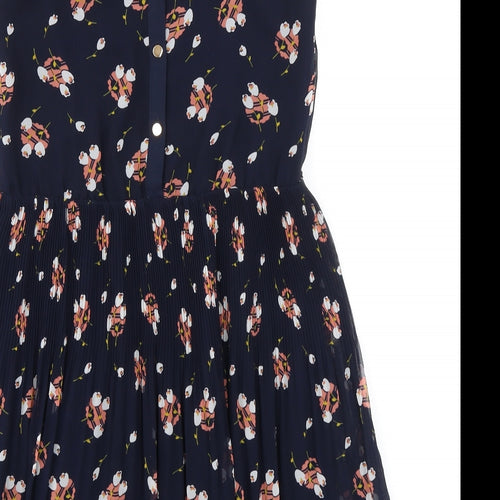 Oasis Womens Blue Geometric Polyester A-Line Size 8 Round Neck Button