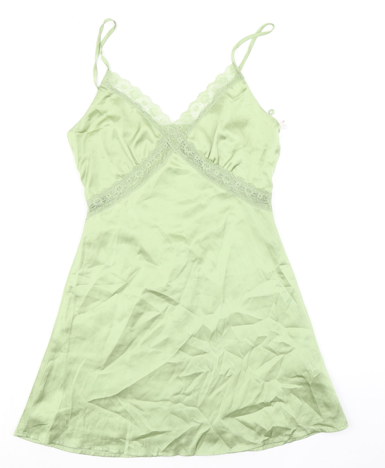 Love Triangle Womens Green Solid Polyester Chemise Dress Size 8 Button - Lace Trim