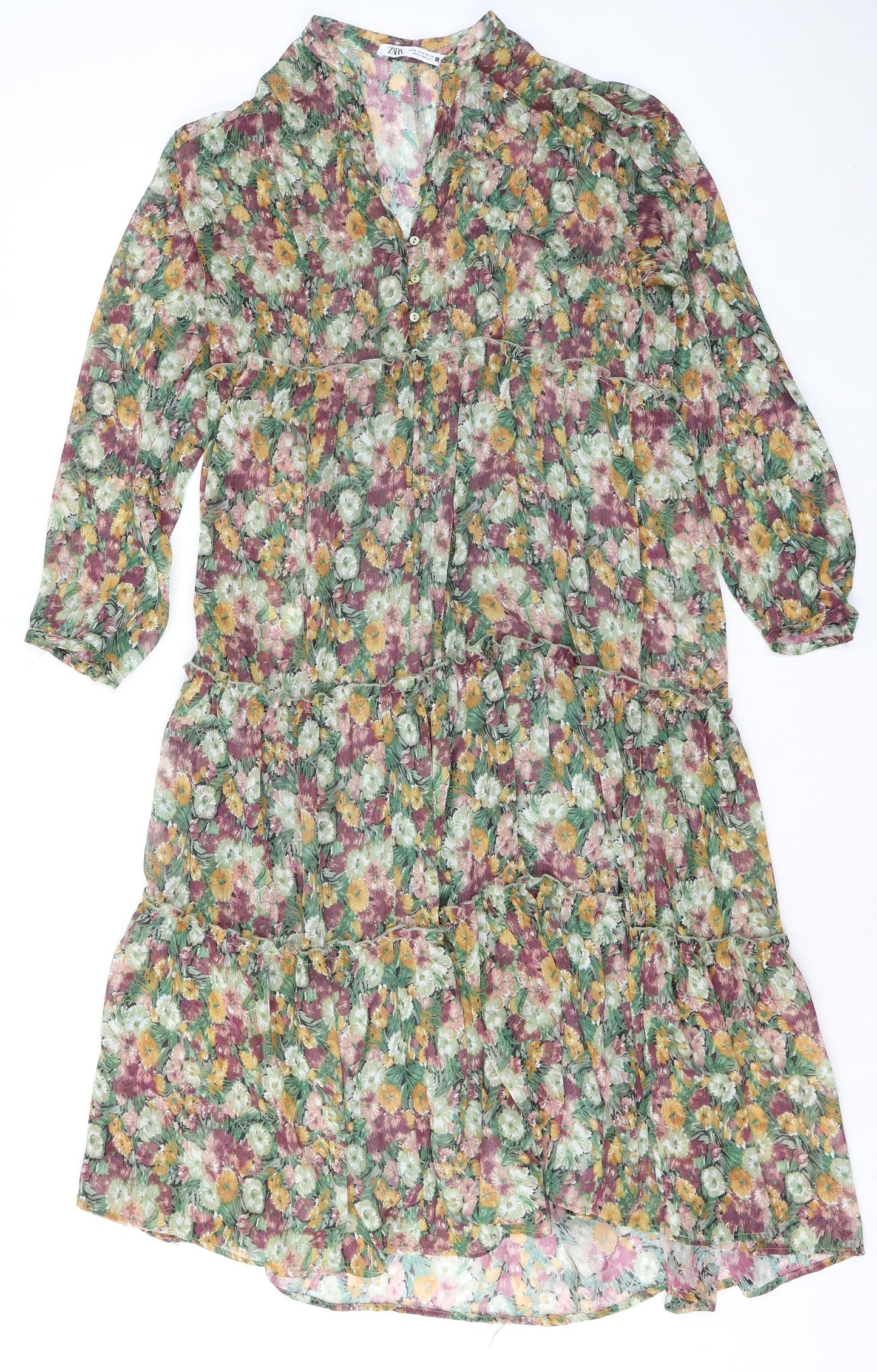 Zara Womens Multicoloured Floral Polyester A-Line Size M V-Neck Pullover