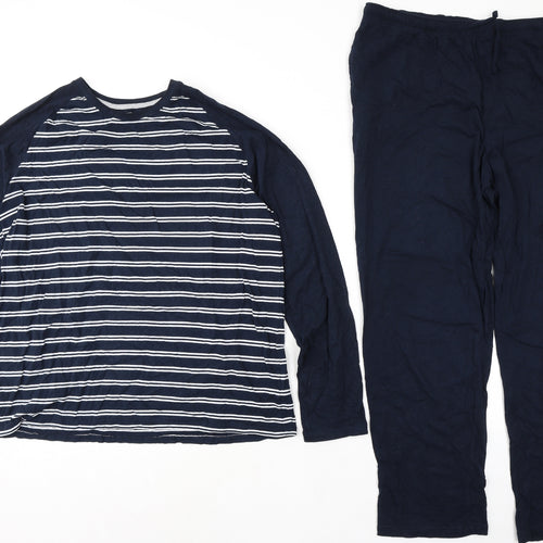 Marks and Spencer Mens Blue Striped 100% Cotton Pyjama Set Size XL Pullover - Waist 40in leg 29in