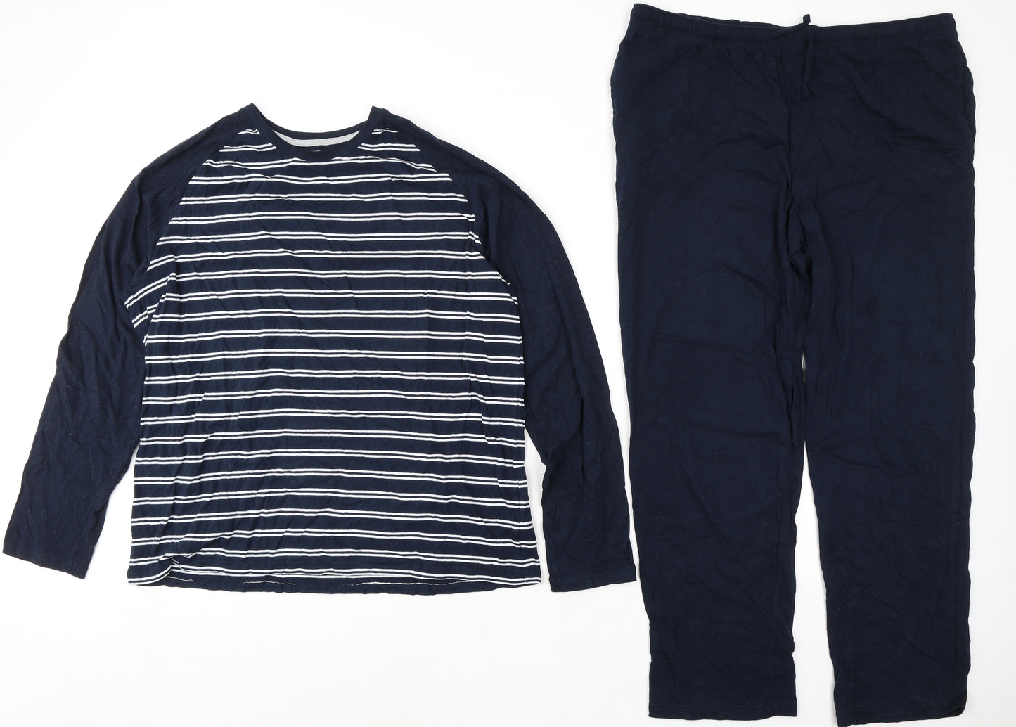 Marks and Spencer Mens Blue Striped 100% Cotton Pyjama Set Size XL Pullover - Waist 40in leg 29in