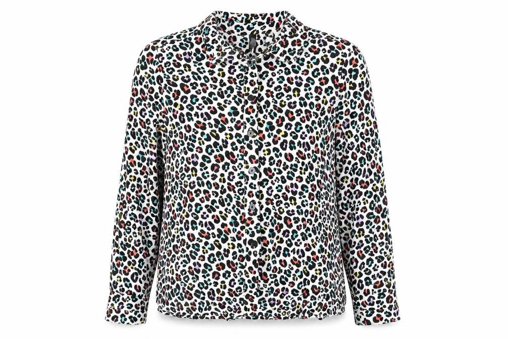 Front view of Divided by H&M women’s multicoloured animal print viscose basic button-up, size UK 8, collared - leopard print